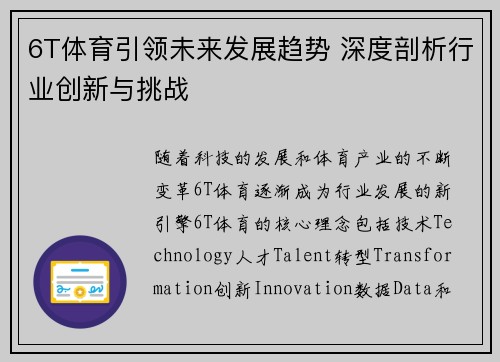 6T体育引领未来发展趋势 深度剖析行业创新与挑战